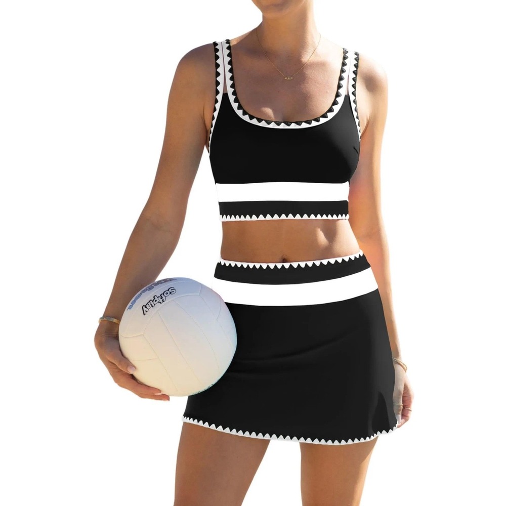 NWT NWT Popvil 3 Piece Bikini Set Swim Skirt Tummy Control Black White Large
